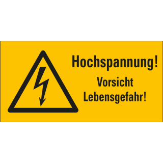 Kombi-Warnschild: Hochspannung! Vorsicht Lebensgefahr!, Blitzpfeil, Folie oder Kunststoff, verschiedene Größen, Einzelstück oder Bogen
