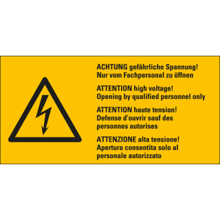 Warnschild: ACHTUNG gefährliche Spannung! Nur vom Fachpersonal zu öffnen, 4-sprachig, Blitzpfeil, RoHS konform, Folie selbstklebend, zwei Größen, nur als Einzelstück
