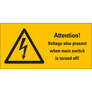 Warnschild: ATTENTION! Voltage also present when main switch is turned off, Blitzpfeil, UL-anerkannt, Folie selbstklebend, zwei Größen, Einzelstück oder Bogen
