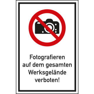 
Kombi-Verbotsschild: Fotografieren auf dem gesamten Werksgelände verboten!, Piktogramm & Text, ISO, Aluminium, zwei Größen, nur als Einzelstück
