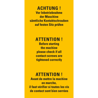 Kombi-Warnschild: ACHTUNG! Vor Inbetriebnahme der Maschine sämtliche Kontaktschrauben auf festen Sitz prüfen, 3 sprachig, RoHS konform, Folie selbstklebend, zwei Größen, nur als Einzelstück
