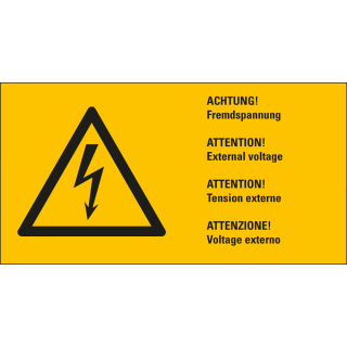 Warnschild: ACHTUNG! Fremdspannung, 4-sprachig, Blitzpfeil, RoHS konform, Folie selbstklebend, zwei Größen, nur als Einzelstück
