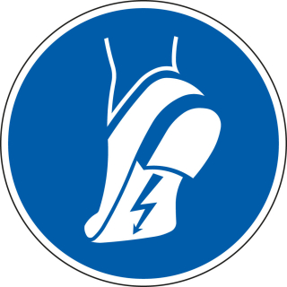Gebotsschild: antistatisches Schuhwerk benutzen, blau-weiß