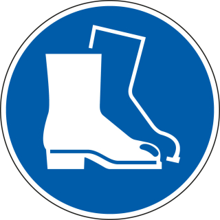 Gebotsschild: Fußschutz benutzen, blau-weiß