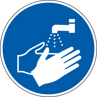 Gebotsschild: Hände waschen, blau-weiß, ASR/ISO, Folie, zwei Durchmesser