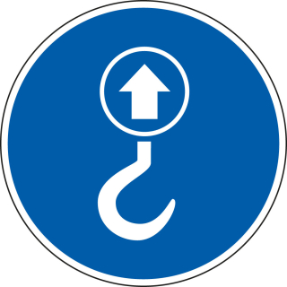 Gebotsschild: Hebepunkt / Kranhaken, blau-weiß, Folie selbstklebend, versch. Durchmesser