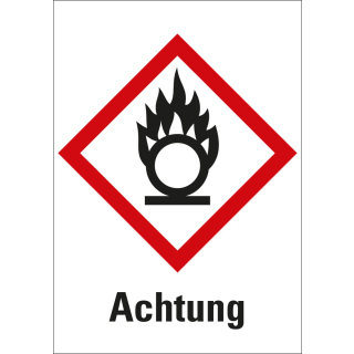 Gefahrensymbol: GHS03 Flamme über Kreis mit Signalwort Achtung, Folie oder Papier, Rolle oder Einzelstück