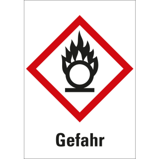 Gefahrensymbol: GHS03 Flamme über Kreis mit Signalwort Gefahr, Folie oder Papier, Bogen, Rolle oder Einzelstück