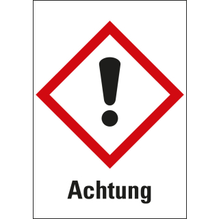 Gefahrensymbol: GHS07 Ausrufezeichen mit Signalwort Achtung, Folie oder Papier, Rolle oder Einzelstück