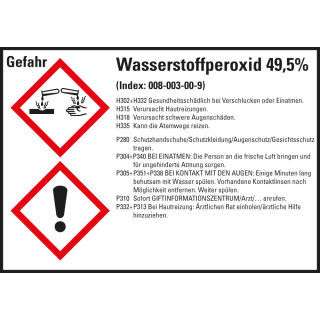 Gefahrstoffkennzeichen: Wasserstoffperoxid 49,5%, 2 GHS Symbole mit Text, Folie selbstklebend, versch. Größen