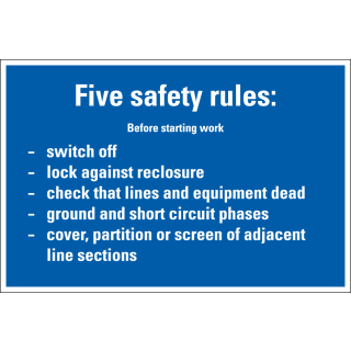 Hinweisschild: Five safety rules before starting work..., blau-weiß, Resopal, 300 x 200 mm, 1 Stück