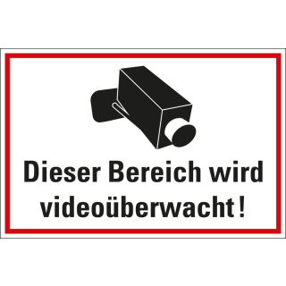 Hinweisschild: Dieser Bereich wird videoüberwacht!, Piktogramm Videokamera und Text, Folie oder Kunststoff, 300 x 200 mm
