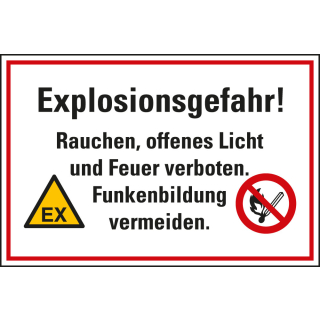 Hinweisschild Explosionsgefahr! Rauchen, offenes Licht und Feuer verboten [...], Warn- und Verbotspikto, versch. Materialien & Größen