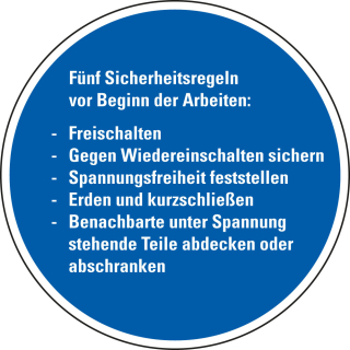 Hinweisschild: 5 Sicherheitsregeln vor Beginn der Arbeiten..., blau-weiß, versch. Materialien & Durchmesser