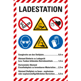 Hinweisschild: LADESTATION [...], sechs Piktogramme, Folie oder Kunststoff, 200 x 300 mm
