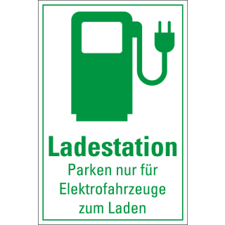 Hinweisschild: Ladestation Parken nur für Elektrofahrzeuge zum Laden, Piktogramm mit Text, weiß-grün, Folie oder Kunststoff, 200 x 300 mm