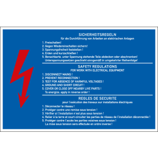 Hinweisschild: Sicherheitsregeln, 3-sprachig, blau-weiß, Folie selbstklebend, 300 x 200 mm, 1 Stück