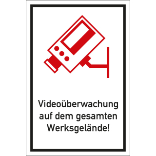 Hinweisschild: Videoüberwachung auf dem gesamten Werksgelände!, Symbol Kamera mit Text, Aluminium oder Aluminium reflektierend, zwei Größen