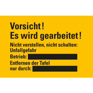 Hinweisschild Vorsicht! Es wird gearbeitet!, gelb-schwarz, Magnetfolie mit Schultafellack oder Kunststoff mit Schultafellack, 300 x 200 mm