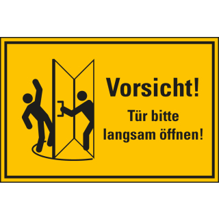 Hinweisschild: Vorsicht: Tür bitte langsam öffnen, Text und Symbol, gelb-schwarz, Folie oder Kunststoff, 300 x 200 mm