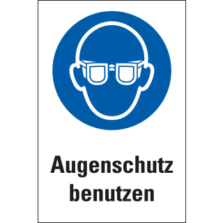 Kombi-Gebotsschild: Augenschutz benutzen, blau-weiß, ASR/ISO, Piktogramm & Text, Folie oder Kunststoff, zwei Größen, nur als Einzelstück