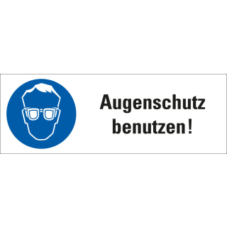Kombi-Gebotsschild: Augenschutz benutzen, blau-weiß, Piktogramm & Text, Kunststoff, 210 mm x 74 mm, 1 Stück