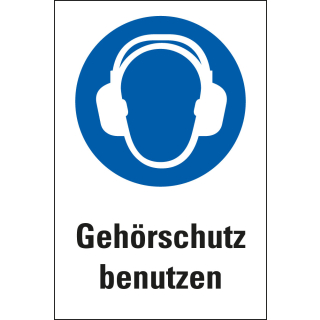 Kombi-Gebotsschild: Gehörschutz benutzen, blau-weiß, ASR/ISO, Piktogramm & Text, Kunststoff oder Folie, 200 mm x 300 mm, nur als Einzelstück