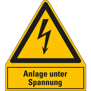 Kombi-Warnschild: Anlage unter Spannung, Blitzpfeil, RoHS konform, ASR/ISO, Folie oder Kunststoff
