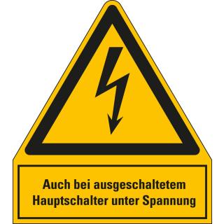 Kombi-Warnschild: Auch bei ausgeschaltetem Hauptschalter unter Spannung, Blitzpfeil, RoHS konform, ASR/ISO, Folie oder Kunststoff, verschiedene Größen, nur als Einzelstück