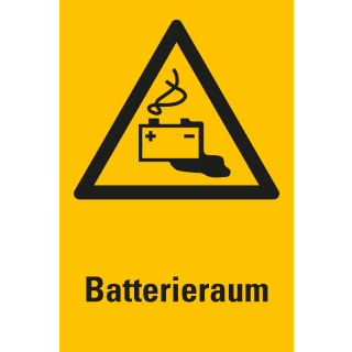 Kombi-Warnschild: Batterieraum, gelb-schwarz, Folie oder Kunststoff, 200 mm x 300 mm, nur als Einzelstück