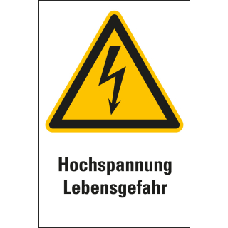 Kombi-Warnschild: Hochspannung Lebensgefahr, Blitzpfeil, ASR/ISO, Folie oder Kunststoff, 200 mm x 300 mm, nur als Einzelstück