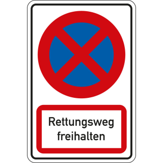 Kombischild: Parkverbot - Rettungsweg freihalten, Piktogramm und Text, Aluminium reflektierend (RA0) oder (RA1)