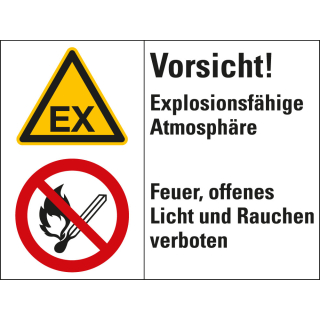 
Kombischild: Vorsicht! Explosionsfähige Atmosphäre - Feuer, offenes Licht und [...], 2 Piktogramme und Text, Kunststoff
