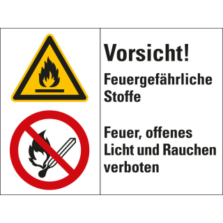 Kombischild: Vorsicht! Feuergefährliche Stoffe, 2 Piktogramme und Text, Kunststoff