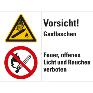 Kombischild: Vorsicht! Gasflaschen - Feuer, offenes Licht und Rauchen verboten, 2 Piktogramme und Text, Kunststoff