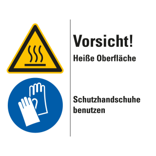 Kombischild: Vorsicht! Heiße Oberfläche - Schutzhandschuhe benutzen, 2 Piktogramme und Text, Kunststoff