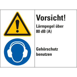 Kombischild: Vorsicht! Lärmpegel über 80 dB (A) - Gehörschutz benutzen, 2 Piktogramme und Text, Kunststoff