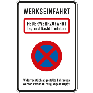 Kombischild: Werkseinfahrt - Feuerwehrzufahrt, Piktogramm und Text, Aluminium reflektierend (RA0) oder (RA1)
