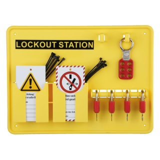 Lockout-Station gefüllt mit 20 Wartungsanhängern, 4 Vorhängeschlössern und Multischließ, gelb