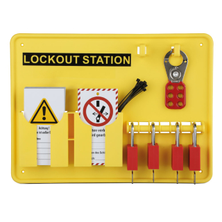 Lockout-Station gefüllt mit 110 Wartungsanhängern, 4 Vorhängeschlössern und Multischließ