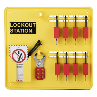 Lockout-Station gefüllt mit 10 Wartungsanhängern, 8 Vorhängeschlössern und Multischließ