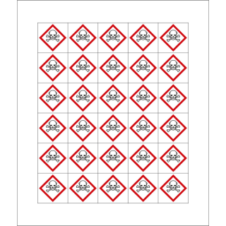 Mini-Gefahrensymbol: GHS06 Totenkopf, Folie selbstklebend, 20 x 20 mm, 30 St./Bogen