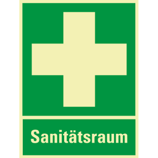 PERMALIGHT power Rettungs-Kombischild: Sanitätsraum, Symbol und Text, ASR A2.3, Kunststoff lang nachleuchtend, 300 x 400 mm