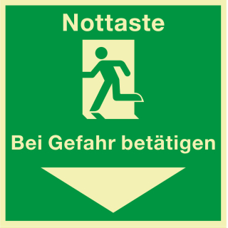 PERMALIGHT power Rettungszeichen: Nottaste bei Gefahr betätigen, ASR A2.3, Folie lang nachleuchtend, 200 x 200 mm