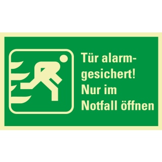 PERMALIGHT power Rettungszeichen: Tür alarmgesichert! Nur im Notfall […], Symbol und Text, ASR A2.3, Folie lang nachleuchtend, 200 x 120 mm