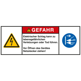Produktsicherheitsschild: GEFAHR - Elektrischer Schlag kann zu lebensgefährlichen [...], RoHS konform, Folie selbstklebend, zwei Größen, nur als Einzelstück