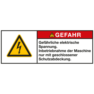 
Produktsicherheitsschild: GEFAHR - Gefährliche elektrische Spannung - Inbetriebnahme [...], RoHS konform, Folie selbstklebend, 100 x 35 mm, 1 Stück
