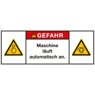 Produktsicherheitsschild: GEFAHR - Maschine läuft automatisch an, RoHS konform, Folie selbstklebend