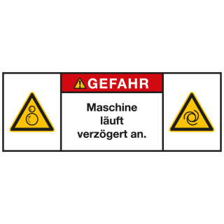 Produktsicherheitsschild: GEFAHR - Maschine läuft verzögert an, RoHS konform, Folie selbstklebend, 100 x 35 mm, 1 Stück