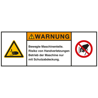 Produktsicherheitsschild: WARNUNG - Bewegte Maschinenteile - Betrieb der Maschine [...], RoHS konform, Folie selbstklebend, zwei Größen, nur als Einzelstück